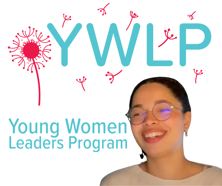 Headshot of Olivia with YWLP logo including pink dandelion in background and blue text reading Young Women Leaders Program