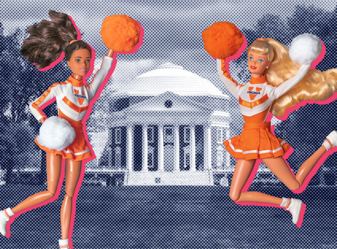 Two UVA cheerleader barbies jumping with rotunda in background 
