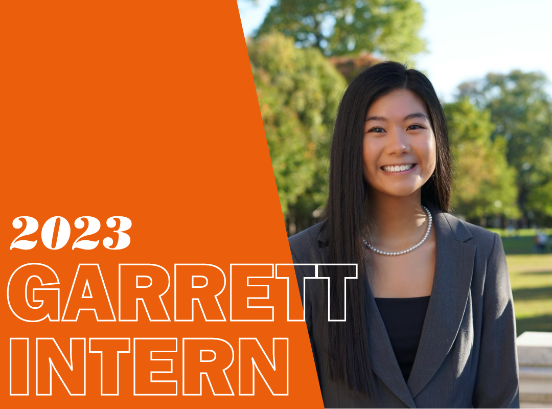 Headshot of Wendy with white text overlayed on orange background. text reads, "2023 Garrett Intern".