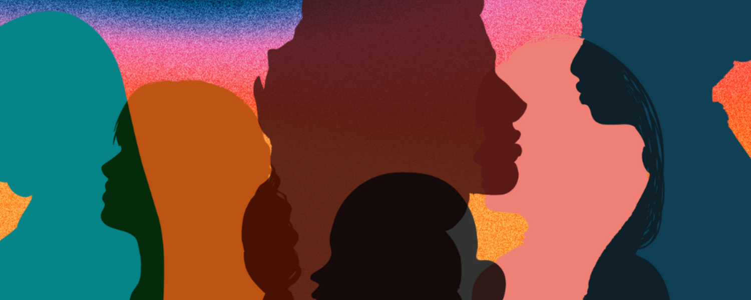Colorful silhouettes of people's heads against pink and blue background
