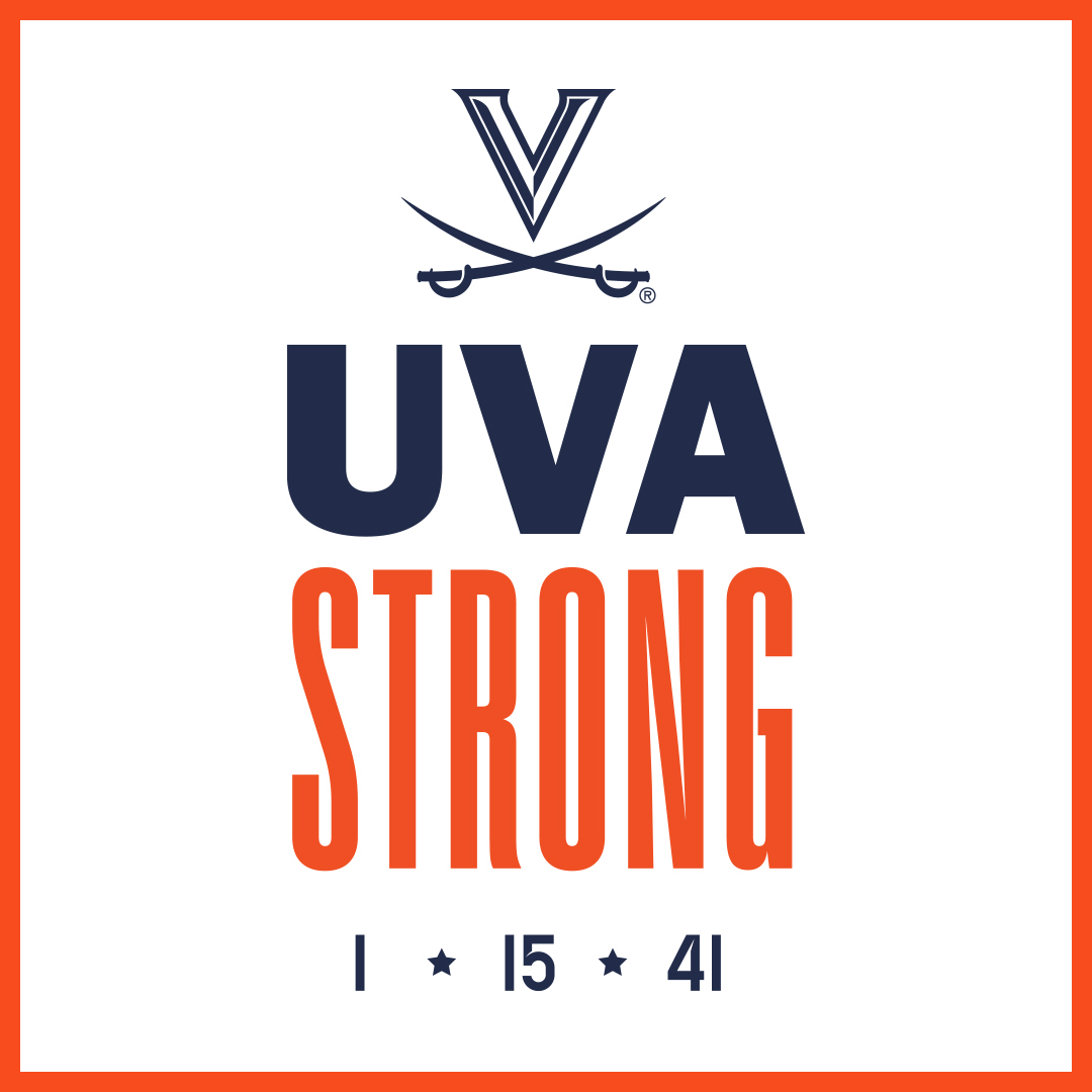 Square with orange outline and white background. Uva sabre logo above text, "U-V-A Strong, 1. 15. 41."