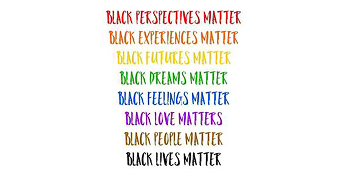 graphic reading black perspectives, experiences, futures, dreams, feelings, love, people, and lives matter
