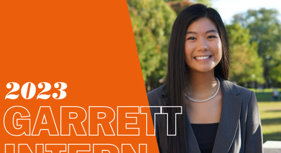 Headshot of Wendy with white text overlayed on orange background. text reads, "2023 Garrett Intern".