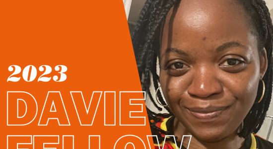 Headshot of Eniola with orange overlay with white text reading "2023 Davie Fellow"