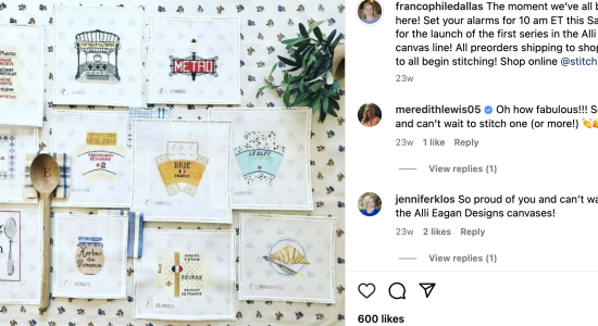 Screenshot of instagram post from Alli Eagan launching her needlepoint canvas line
