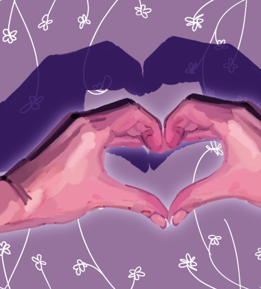 Artwork showing pink hands creating a heart and their shadow against a purple background