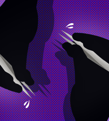 Two hands holding tweezers against purple background