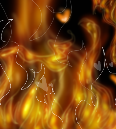 drawing of fire against black background and small hearts scattered across the image