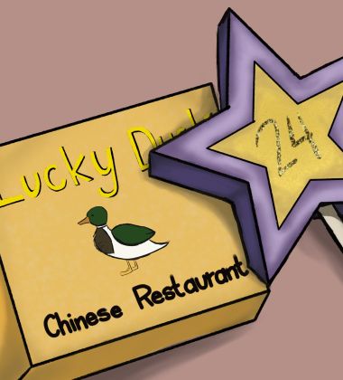 drawing of yellow box reading "lucky duck chinese restaurant" and duck in the center of the box. On top of the box is a star shaped candle with purple outline and yellow inside, with number 24. 