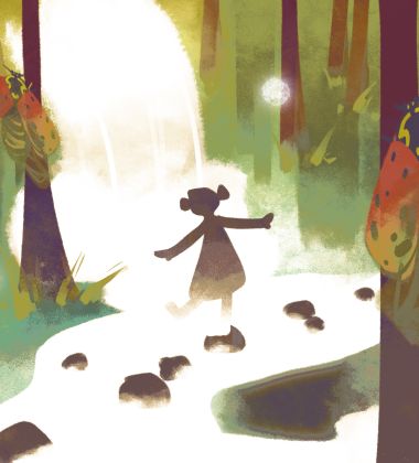 drawing depicts shadow of girl walking through enchanted forest. pathway is illuminated, and surrounded by green trees and giant ladybugs.