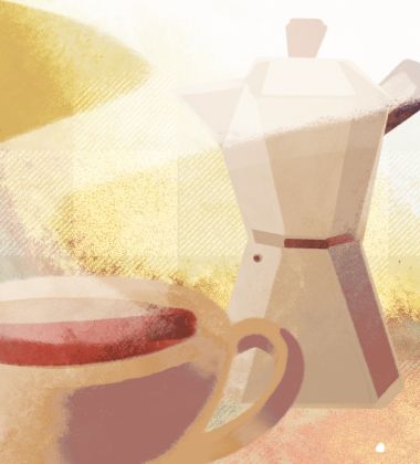 Digital art showing a moka pot and cup of coffee